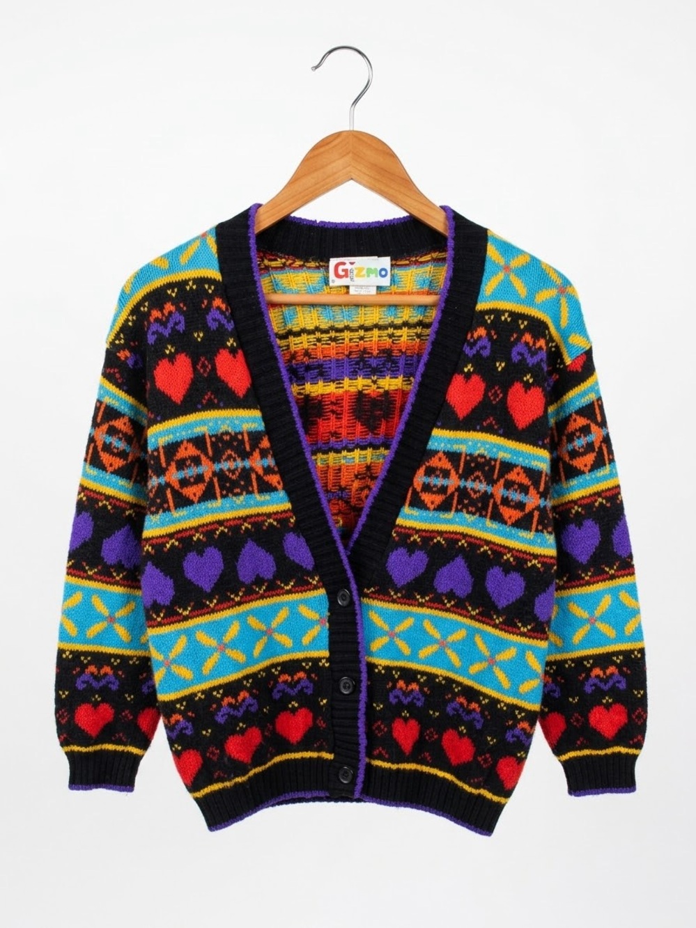 Vintage Gizmo 80s Neon Heart Geometric Cardigan Sweater XXS Girls 10/12 Kidcore